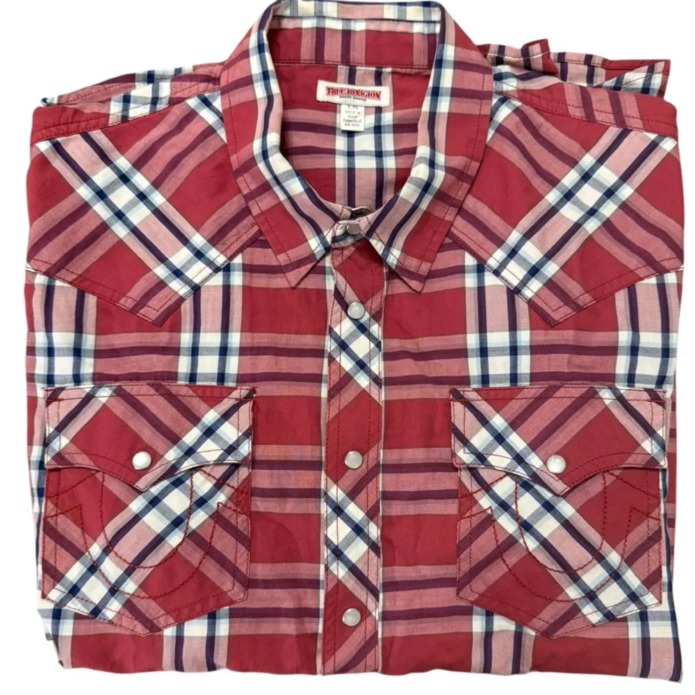TRUE RELIGION MEN RED PLAID PEARL SNAP BUTTON DOWN SHORT SLEEVE WESTERN SHIRT XL